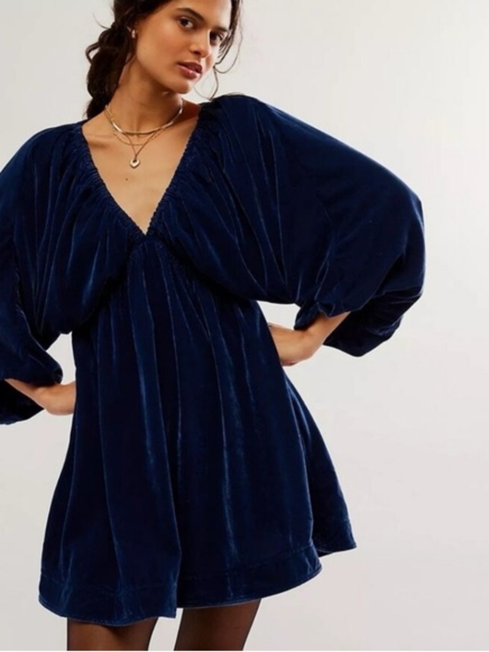 Free People Portia Women's Deep Navy Velvet V-Neck Mini Dress
